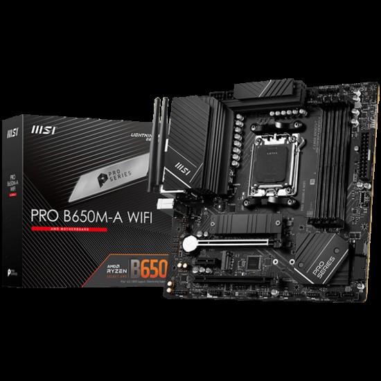 MSI Main Board Desktop PRO B650M-A WIFI (AM5, 4x DDR5, HDMI, DP, 2x PCI-E x16, 2x PCI-E x16, 2x M.2, 4x SATA 6G, 4x USB 2.0, 6x USB 3.2 Gen1 Type A, 4x USB 3.2 Gen2 Type A, 1x USB 3.2 Gen2 Type C, 2.5GLAN, Wi-Fi 6E, BT5.2) mATX