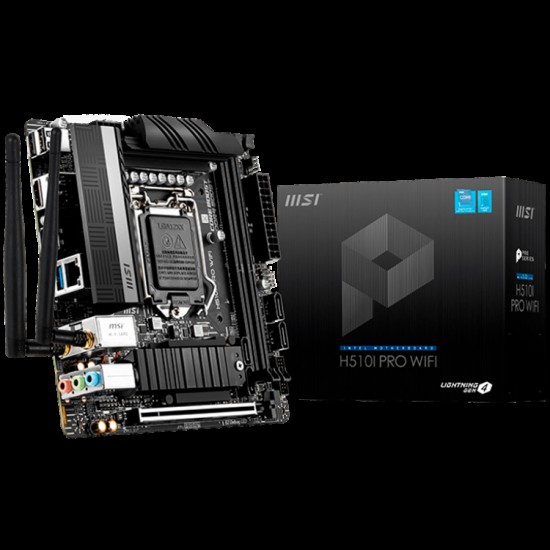 MSI H510I PRO WIFI,m-ITX,Socket 1200,Intel H510 Chipset,2 DIMMs, Dual Channel DDR4 up to 3200 MHz,1x PCIe x16 slot,1x M.2 slot,2x USB 3.2 Gen 1,4x USB 2.0,1x HDMI,1x DP,WiFi,2.5G LAN,7.1 Audio,3y warranty