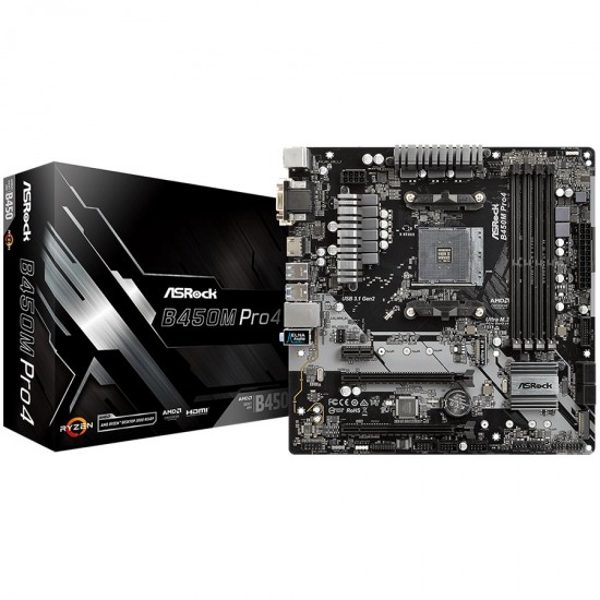 ASROCK Main Board Desktop B450M PRO4 (AM4 B450, 4xDDR4,PCIe 3.0 x16,PCIe 2.0 x1, M.2, 4 SATA3, Type -C, 7 USB,VGA, DVI, HDMI) mATX