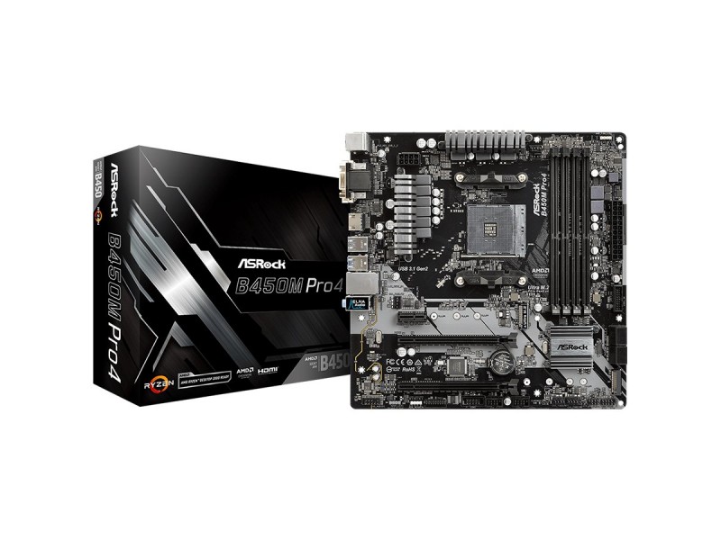 ASROCK Main Board Desktop B450M PRO4 (AM4 B450, 4xDDR4,PCIe 3.0 x16,PCIe 2.0 x1, M.2, 4 SATA3, Type -C, 7 USB,VGA, DVI, HDMI) mATX