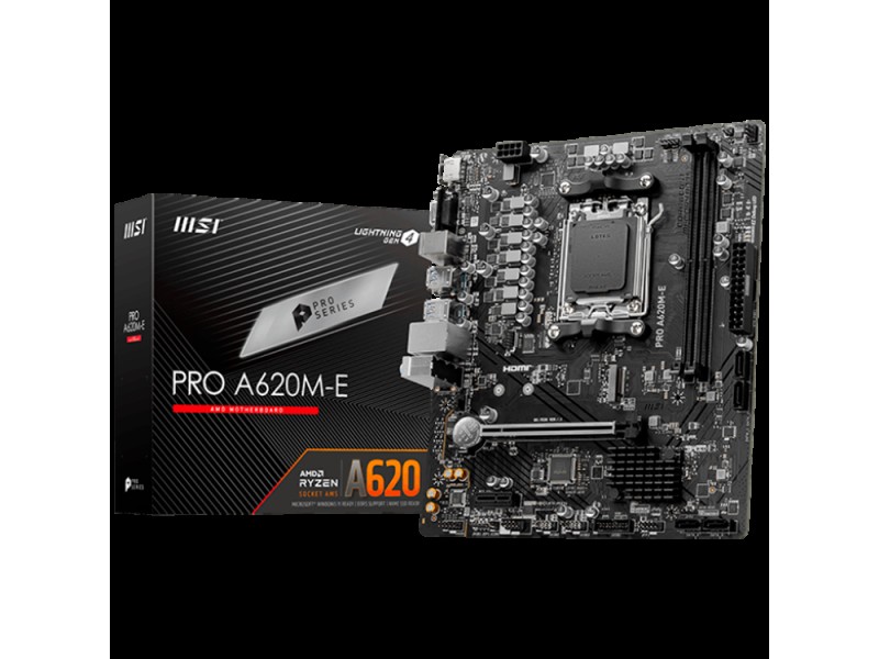 MSI PRO A620M-E, mATX, Socket AM5, Dual Channel DDR5 6800+MHz, 1x PCIe x16 slot, 1x M.2 slot, 1x HDMI, 1x VGA, 2x USB 3.2 Gen 1, 4x USB 2.0, 7.1 HD Audio, Realtek RTL8111H Gigabit LAN, 3Y