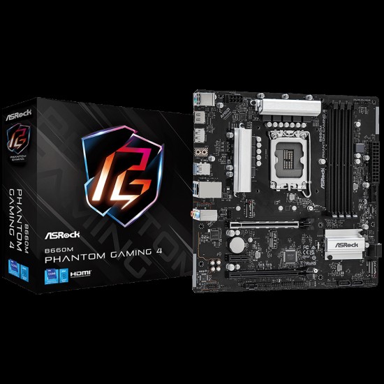ASROCK MB Desktop B660M Phantom Gaming 4 (S1700, B660M, 4xDDR4, 2x PCIe x16, 1x PCIe 3x1, 4xSATA, 2xM.2 PCIe, 6x USB 3.2, 6x USB 2.0, DP, HDMI, GLAN, mATX) Retail.
