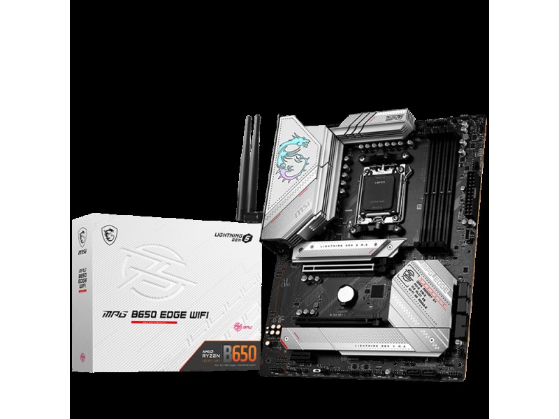 MSI Mainboard Desktop MPG B650 EDGE WIFI (AM5,4xDDR5, HDMI,DP, 1xPCI-E x16 4.0, 1xPCI-E x1, 3xM.2, 6xSATA 6G, 6xUSB2.0, 6xUSB3.2 Gen1 Type A, 3xUSB3.2 Gen2 Type A, 1xUSB3.2 Gen2 Type C, 1xUSB 3.2 Gen2x2, 2.5GLAN, AMD Wi-Fi 6E, BT5.2) ATX