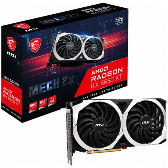 MSI Video Card AMD Radeon RX 6650 XT MECH 2X 8G OC, 8GB GDDR6, 128 -bit, 280.3 GB/s, 17500 MHz Effective Memory Clock, Boost: 2669 MHz, 2048 Cores, 3x DP 1.4, HDMI 2.1, 500W Recommended PSU, 3Y