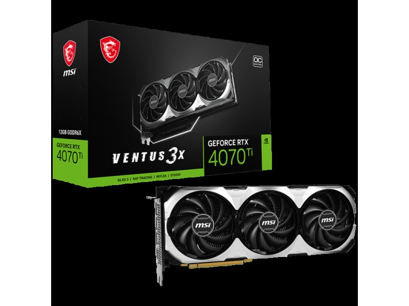 MSI Video Card Nvidia GeForce RTX 4070 Ti VENTUS 3X 12G OC, 12GB GDDR6X, 192bit, Effective Memory Clock: 21000MHz, Boost: 2640 MHz, 7680 CUDA Cores, PCIe 4.0, 3x DP 1.4a, HDMI 2.1a, RAY TRACING, Triple Fan, 700W Recommended PSU, 3Y