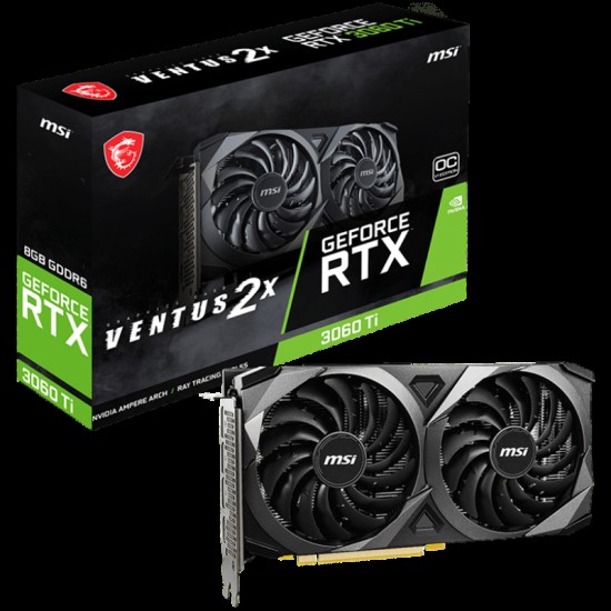 MSI Video Card Nvidia RTX 3060 Ti VENTUS 2X 8G OCV1 LHR, 8GB GDDR6, 256-bit, 448.0 GB/s, 14000 MHz Effective Memory Clock, Boost: 1695 MHz, 4864 CUDA Cores, PCIe 4.0, 3x DP 1.4a, HDMI 2.1, RAY TRACING, Triple Fan, 600W Recommended PSU, LHR, 3Y