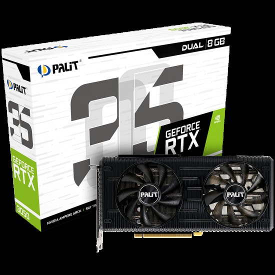 Palit GeForce RTX 3050 Dual 8GB GDDR6, 128bit, 3x DP 1.4a, 1x HDMI 2.1, 8 pin Power connector, recomended PSU 550W, NE63050019P1-190AD