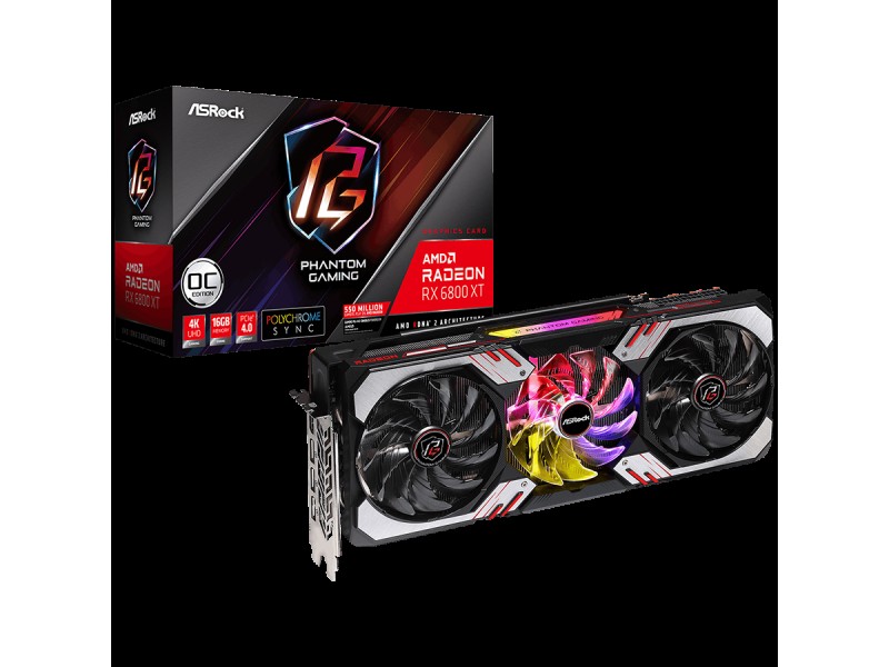 ASROCK Video Card AMD Radeon RX6800 XT Phantom Gaming 16GB OC, GDDR6, 256-bit, 3 x DisplayPort™ 1.4 with DSC, 1 x HDMI™ 2.1 VRR, 3 x 8-pin Power Connectors, Recommended PSU 800W