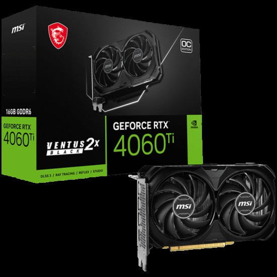 MSI Video Card Nvidia GeForce RTX 4060 TI VENTUS 2X BLACK 16G OC, 16GB GDDR6, 128bit, Boost: 2625 MHz, 18Gbps,  4352 CUDA Cores, PCIe 4 x 16, 3x DP 1.4a, HDMI 2.1a, RAY TRACING, Dual Fan, 1x8pin, 550W Recommended PSU, 3Y