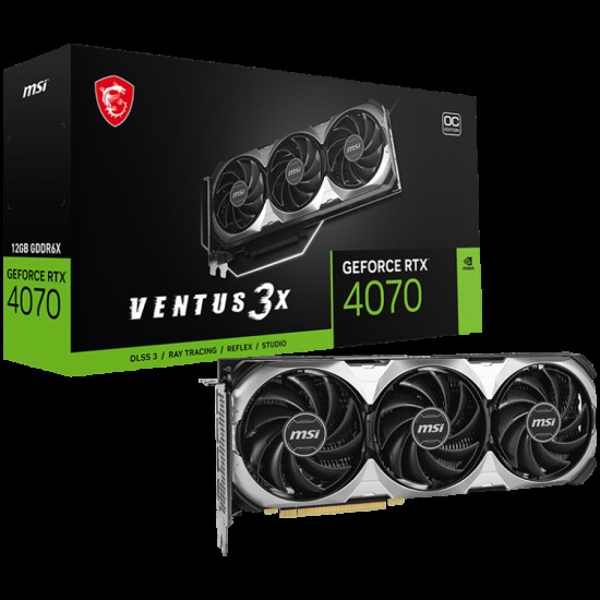 MSI Video Card Nvidia GeForce RTX 4070 VENTUS 3X E 12G OC, 12GB GDDR6X, 192bit, Effective Memory Clock: 21000MHz, Boost: 2505 MHz, 5888 CUDA Cores, PCIe 4.0, 3x DP 1.4a, HDMI 2.1a, RAY TRACING, Triple Fan, 1x8pin, 650W Recommended PSU, 3Y