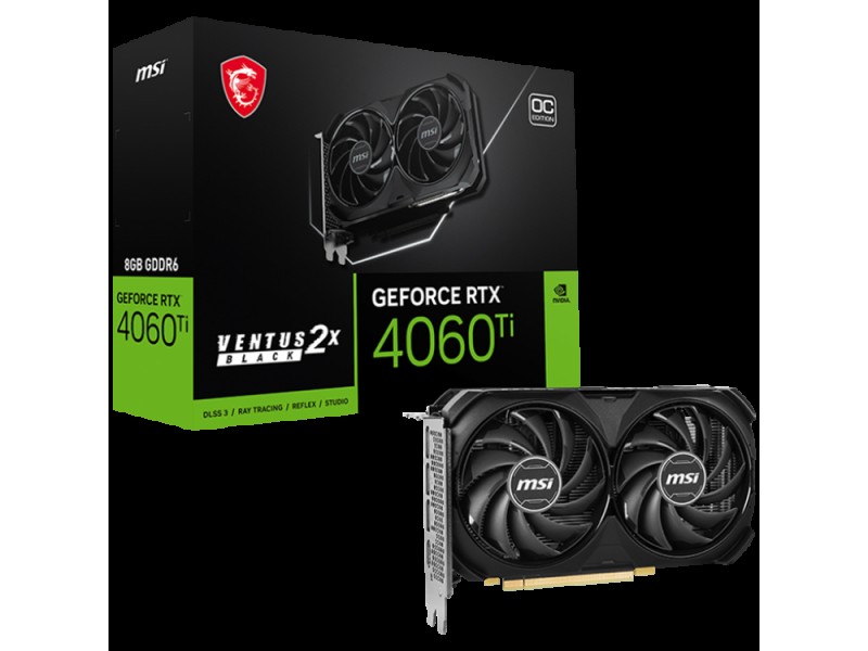MSI Video Card Nvidia GeForce RTX 4060 Ti VENTUS 2X BLACK 8G OC, 8GB GDDR6, 128bit, Effective Memory Clock: 18000MHz, Boost: 2580 MHz, 4352 CUDA Cores, PCIe 4.0, 3x DP 1.4a, HDMI 2.1a, RAY TRACING, Dual Fan, 1x 8pin, 550W Recommended PSU, 3Y