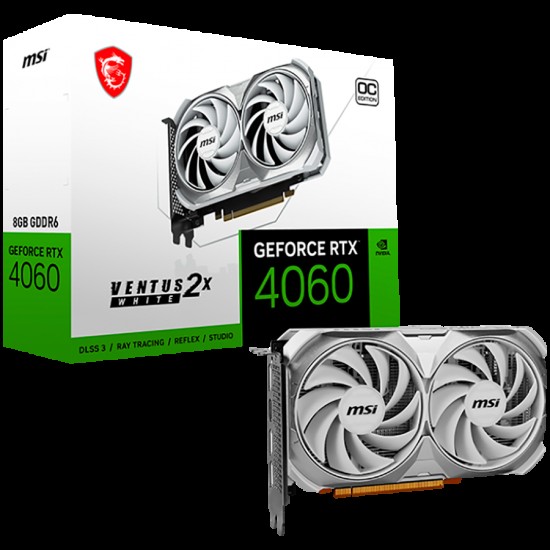 MSI Video Card Nvidia GeForce RTX 4060 VENTUS 2X WHITE 8G OC, 8GB GDDR6, 128bit, Boost: 2490 MHz, 3072 CUDA Cores, PCIe 4.0, 3x DP 1.4a, HDMI 2.1a, RAY TRACING, Dual Fan, 1x 8pin, 550W Recommended PSU, 3Y