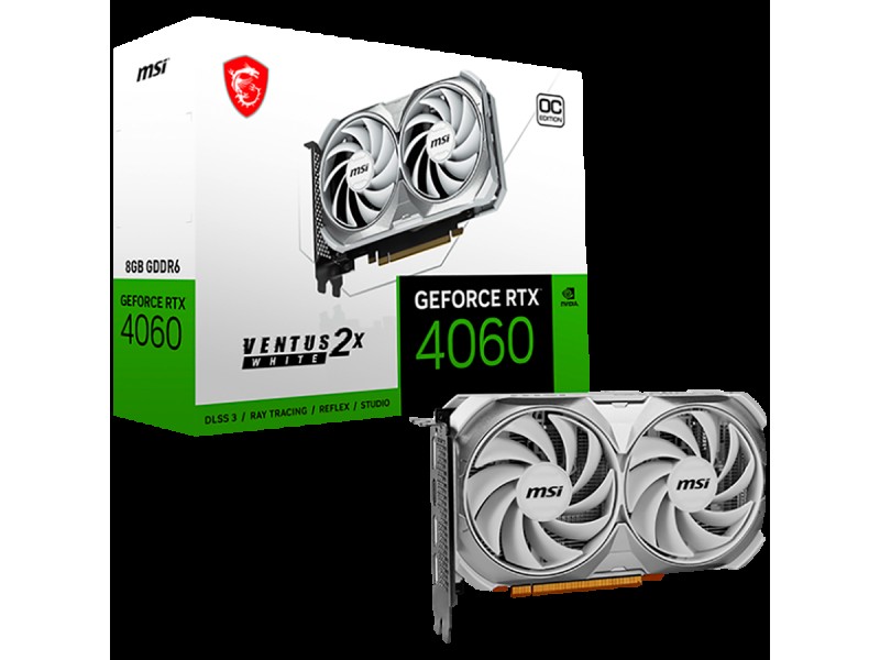 MSI Video Card Nvidia GeForce RTX 4060 VENTUS 2X WHITE 8G OC, 8GB GDDR6, 128bit, Boost: 2490 MHz, 3072 CUDA Cores, PCIe 4.0, 3x DP 1.4a, HDMI 2.1a, RAY TRACING, Dual Fan, 1x 8pin, 550W Recommended PSU, 3Y