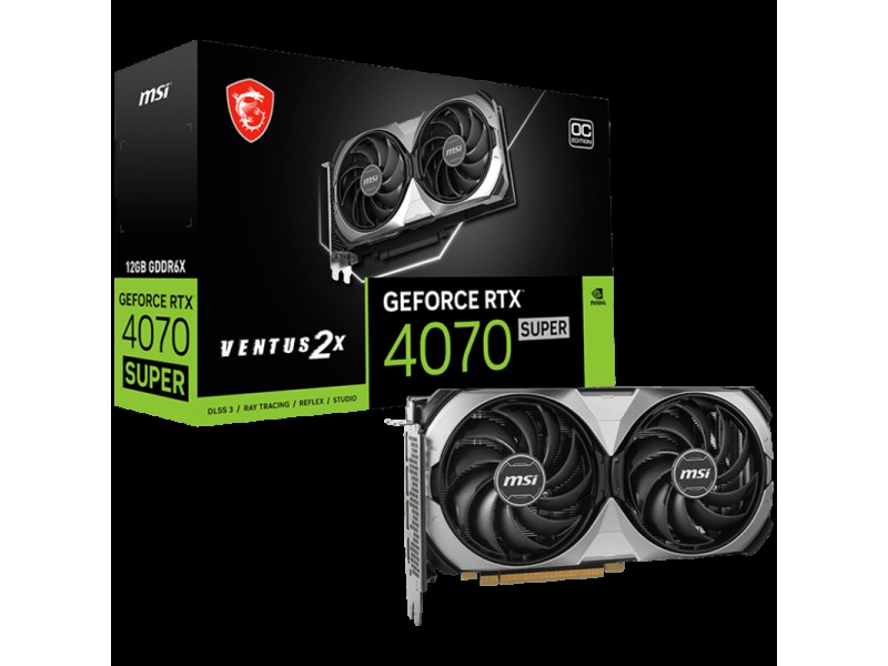MSI Video Card NVidia GeForce RTX 4070 SUPER 12G VENTUS 2X OC, 12GB GDDR6X, 192-bit, 2505 MHz Boost, 7168 CUDA Cores, PCIe 4.0, 3x DP 1.4a, HDMI 2.1a, RAY TRACING, Dual Fan, 650W Recommended PSU, 3Y