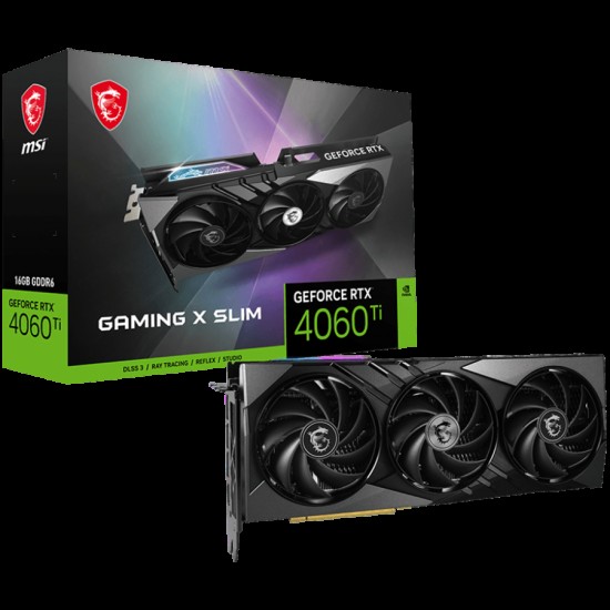 MSI Video Card Nvidia GeForce RTX 4060 Ti GAMING X SLIM 16G, 16GB GDDR6X, 128-bit, 2670 MHz Boost, 4352 CUDA Cores, PCIe 4.0, 3x DP 1.4a, HDMI 2.1a, RAY TRACING, Triple Fan, 550W Recommended PSU, 3Y