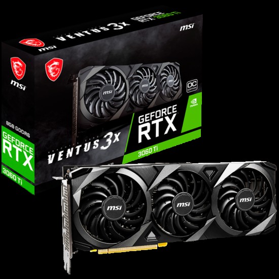 MSI Video Card Nvidia GeForce RTX 3060 Ti VENTUS 3X 8G OC LHR, 8GB GDDR6, 256-bit, 448.0 GB/s, 14000 MHz Effective Memory Clock, Boost: 1695 MHz,  4864 CUDA Cores, PCIe 4.0, 3x DP 1.4 , HDMI 2.1, RAY TRACING, 650W Recommended PSU, LHR, 3Y