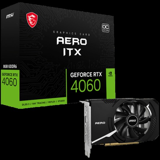 MSI Video Card Nvidia GeForce RTX 4060 AERO ITX 8G OC, 8GB GDDR6, 128bit, Boost: 2490 MHz, 3072 CUDA Cores, 17 Gbps Memory Speed, PCIe Gen 4 x 8,3x DP v1.4a, 1xHDMI 2.1a, 1 x 8-pin, Recommended PSU 550W, 3Y