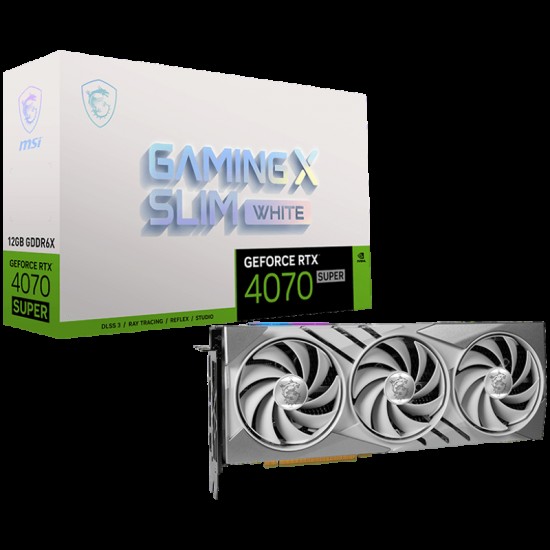 MSI Video Card Nvidia RTX 4070 SUPER 12G GAMING X SLIM	WHITE, 12GB GDDR6X, 192bit, 21Gbps Memory speed, Boost: 2640 MHz, 7168 CUDA Cores, 3x DP 1.4a, HDMI 2.1a, RAY TRACING, Triple Fan, 1x 16pin, 650W Recommended PSU, 3Y