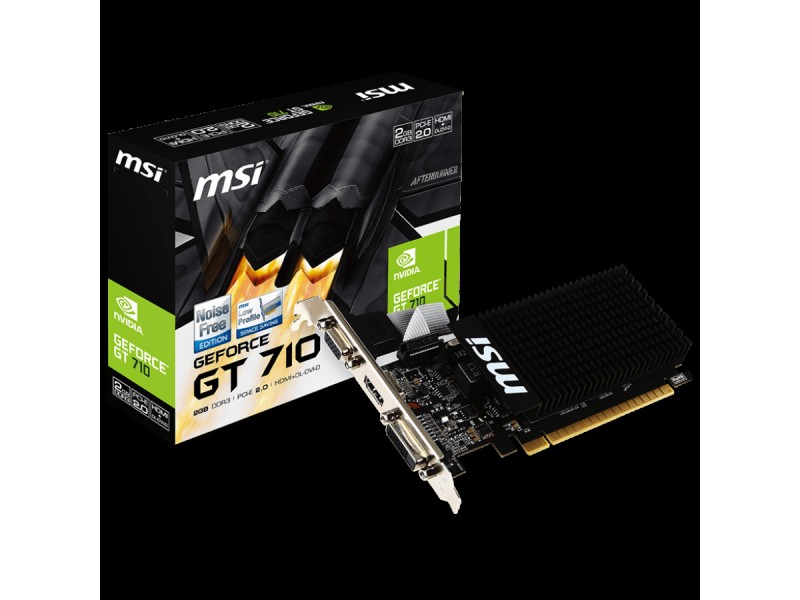 MSI Video Card NVidia GeForce GT 710, 2048MB DDR3, 64-bit, 12.8 GB/s, 1600 Mbps Effective Memory Speed, 954 MHz Clock, PCI Express 2.0, HDMI 1.4, Dual-link DVI-D, D-Sub, 300W Recommended PSU