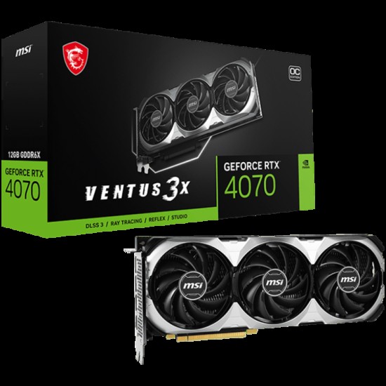 MSI Video Card Nvidia GeForce RTX 4070 VENTUS 3X 12G OC, 12GB GDDR6X, 192bit, Effective Memory Clock: 21000MHz, Boost: 2520 MHz, 5888 CUDA Cores, PCIe 4.0, 3x DP 1.4a, HDMI 2.1a, RAY TRACING, Triple Fan, 1x8pin, 650W Recommended PSU, 3Y