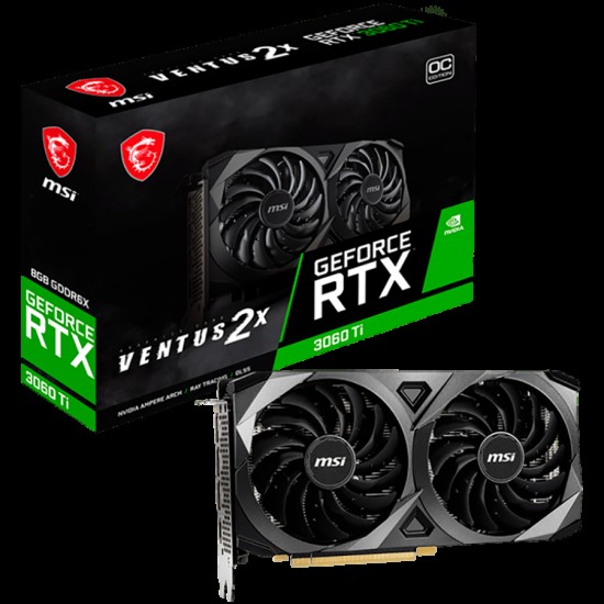 MSI Video Card Nvidia RTX 3060 Ti VENTUS 2X 8GD6X OC, 8GB GDDR6X, 256-bit, 19GBps, Boost: 1695 MHz, 4864 CUDA Cores, PCIe 4.0, 3x DP 1.4a, HDMI 2.1, RAY TRACING, Dual Fan, 600W Recommended PSU, 3Y