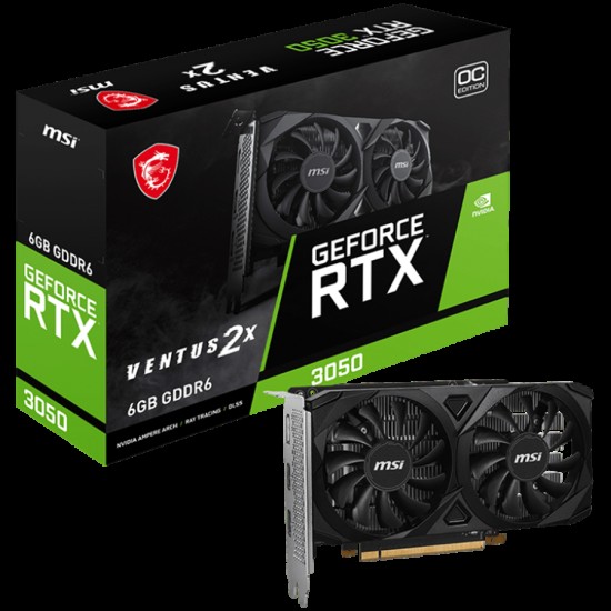 MSI Video Card Nvidia GeForce RTX 3050 VENTUS 2X 6G OC, 6GB GDDR6, 96bit, 14 Gbps Memory speed, Boost: 1492 MHz, 2304 CUDA Cores, PCIe 4.0, 1x DP 1.4a, 2xHDMI 2.1a, RAY TRACING, Dual Fan,  300W Recommended PSU, 3Y