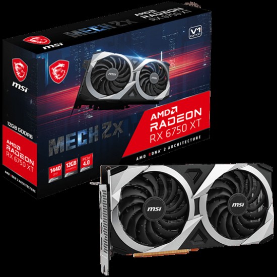 MSI Video Card AMD Radeon RX 6750 XT MECH 2X 12G V1, 12GB GDDR6, 192-bit, 18000 MHz Effective Memory Clock, Boost: 2600 MHz, 2560 Cores, 3x DP 1.4, HDMI 2.1, 650W Recommended PSU, 3Y