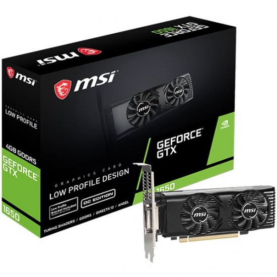 MSI Video Card NVidia GeForce GTX 1650 4GT LP OC, 4GB GDDR5, 128-bit, 128.1 GB/s, Effective Memory Clock: 8000MHz, Boost: 1695 MHz, 896 Shading Units, PCI Express 3.0 x16, HDMI 2.0b, Dual-link DVI-D, 300W Recommended PSU, 3Y