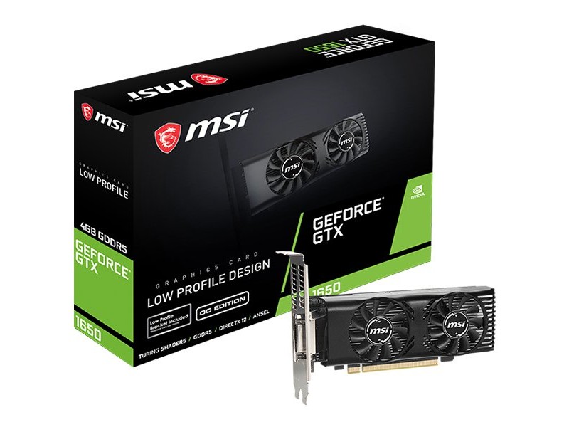 MSI Video Card NVidia GeForce GTX 1650 4GT LP OC, 4GB GDDR5, 128-bit, 128.1 GB/s, Effective Memory Clock: 8000MHz, Boost: 1695 MHz, 896 Shading Units, PCI Express 3.0 x16, HDMI 2.0b, Dual-link DVI-D, 300W Recommended PSU, 3Y
