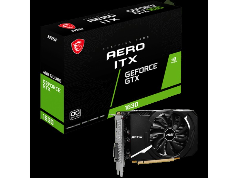 MSI Video Card NVidia GeForce GTX 1630 AERO ITX 4G OC, 4GB GDDR6, 64-bit, 12 Gbps, Boost: 1815 MHz, 512 CUDA Cores, 1x DP 1.4a, 1x HDMI 2.0b, 1x DVI-D, 300W Recommended PSU, 3Y