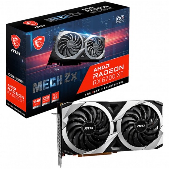 MSI Video Card AMD Radeon RX 6700 XT MECH 2X 12G, 12GB GDDR6, 192-bit, 384.0 GB/s, 16000 MHz Effective Memory Clock, Boost: 2581 MHz, 2560 Cores, PCIe 4.0, 3x DP 1.4, HDMI 2.1, 650W Recommended PSU, 3Y
