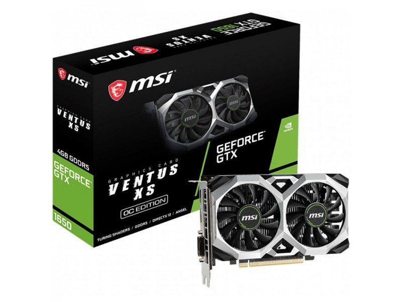 MSI Video Card NVidia GeForce GTX 1650 VENTUS XS 4G OC, 4GB GDDR5, 128bit, 128.1 GB/s, Effective Memory Clock: 8000MHz, Boost: 1740 MHz, 896 Shading Units, PCI Express 3.0 x16, HDMI 2.0b, Dual-link DVI-D, DP 300W Recommended PSU, 3Y