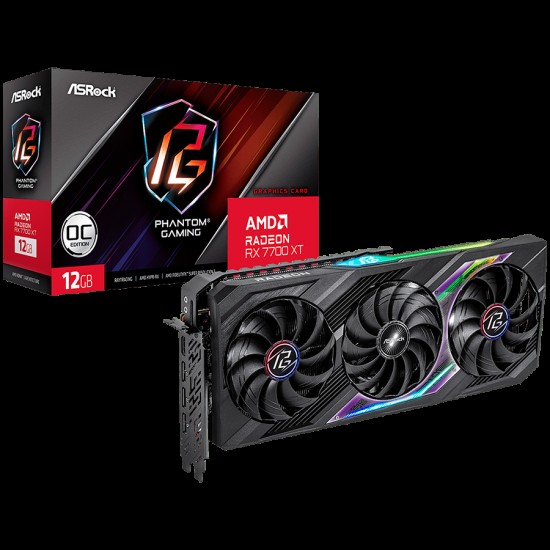 ASROCK Video Card AMD Radeon RX7700XT Phantom Gaming 12GB OC, GDDR6, 192-bit, 3x DisplayPort 2.1, 1x HDMI 2.1, 2x 8-pin Power Connectors, Recommended PSU 750W