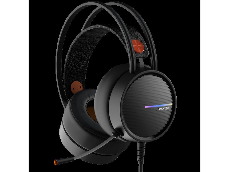 CANYON INTERCEPTOR GH-8A, Gaming headset 3.5mm jack plus USB connector for LED backlight, adjustable microphone and volume control, with 2in1 3.5mm adapter, cable 2M, Black and Orange, 0.36kg