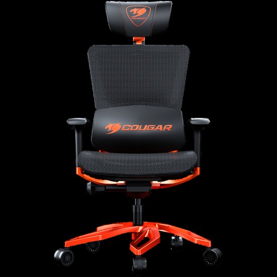 COUGAR Argo Orange, Premium Aluminum Frame, 5-star Aluminum Alloy base, Breathable PVC Leather, Trigger shift wire control system, Dynamic lumbar Support Design, Flexibly reclining backrest, Adjustable headrest, Sliding seat, 3D Adjustable Armrest