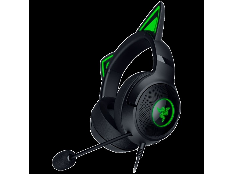 Kraken Kitty V2 - Black, Gaming headset, Kitty Ears, Stream Reactive Lighting, HyperClear Cardioid Mic, 40 mm TriForce Drivers, Built into the earcups microphone, Razer Chroma RGB (Ear and Earcups), Surround sound: Only available on Windows 10 64-bit