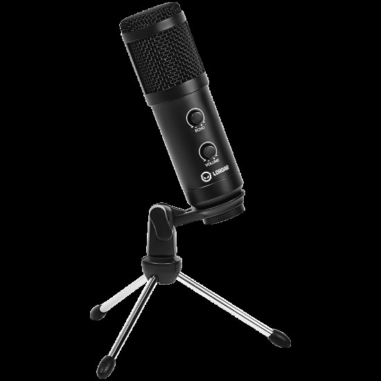 LORGAR Soner 313, Gaming Microphone, USB condenser microphone with Volume Knob & Echo Knob, Frequency Response: 80 Hz—17 kHz, including 1x Microphone, 1 x 2.5M USB Cable, 1 x Tripod Stand, dimensions: Ø47.4*158.2*48.1mm, weight: 243.0g, Black