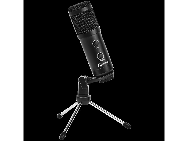 LORGAR Soner 313, Gaming Microphone, USB condenser microphone with Volume Knob & Echo Knob, Frequency Response: 80 Hz—17 kHz, including 1x Microphone, 1 x 2.5M USB Cable, 1 x Tripod Stand, dimensions: Ø47.4*158.2*48.1mm, weight: 243.0g, Black