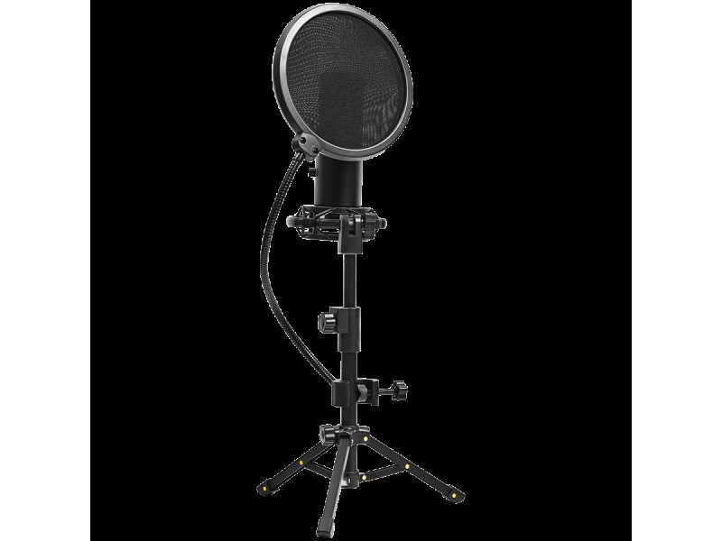 LORGAR Voicer 721, Gaming Microphone, Black, USB condenser microphone with tripod stand and pop filter, including 1 microphone, 1 metal tripod, 1 plastic shock mount, 1 windscreen cap, 2m USB Type C cable, 1 pop filter, 1 tripod mount ring, 154.6x56.1mm