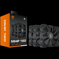 COUGAR MHP 120 Black (3 Fan Pack), 120mm 4-pin PWM fan, 600-2000RPM, HDB Bearing, Anti-vibration Dampers, Extension Cable + Low-Noise Adapter, Case + Radiator screws, 82.48 CFM, 4.24mm H20, 34.5 dBA (Max)