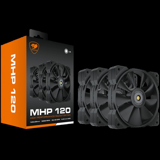 COUGAR MHP 120 Black (3 Fan Pack), 120mm 4-pin PWM fan, 600-2000RPM, HDB Bearing, Anti-vibration Dampers, Extension Cable + Low-Noise Adapter, Case + Radiator screws, 82.48 CFM, 4.24mm H20, 34.5 dBA (Max)