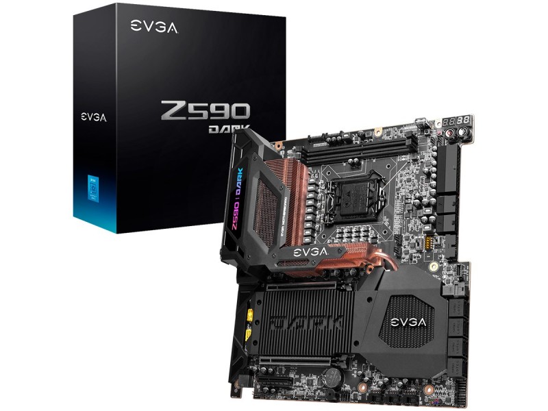 EVGA Z590 DARK, E-ATX, Socket 1200, Dual Channel DDR4 5333MHz+, 2x16 PCI-E 4.0 Slots, 3x M.2 Slots, 1x USB 3.2 Gen 2x2, 4x USB 3.2 Gen 2, 2x USB 3.2 Gen 1, 1x USB 2.0, Type-C, 7.1 HD Audio, WiFi + BT, 2.5Gbps LAN, 3Y