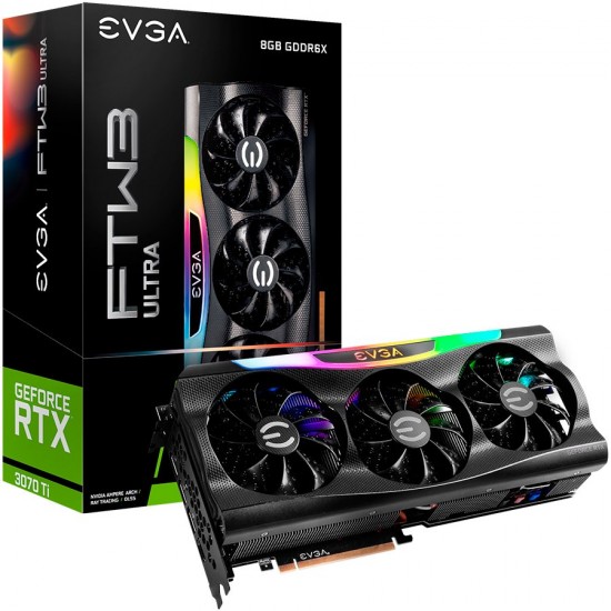 EVGA GeForce RTX 3070 Ti FTW3 ULTRA GAMING, 8GB GDDR6X, 256 Bit, 608 GB/s, 19000 MHz Effective Mem Clock, 1860 MHz Boost, 6144 CUDA Cores, 3x DP, HDMI 2.1, RAY TRACING, Triple Fans, iCX3 Technology, ARGB LED, 750W or greater PSU, Metal Backplate, 3Y
