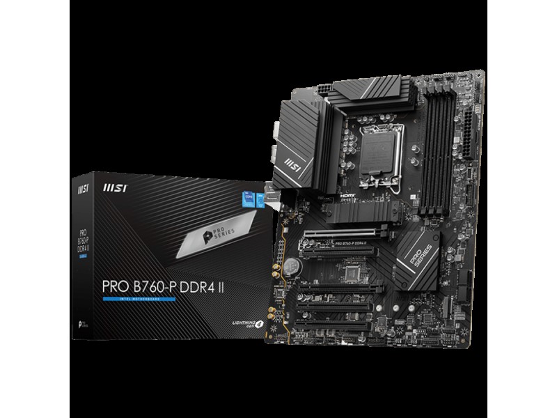 MSI PRO B760-P II, ATX, Intel B760, LGA 1700, Dual Channel DDR4 up to 7000MHz, 4xDDR5, 5x PCIe x16 slots, 2x M.2 slots, 1x HDMI,  4x USB 2.0, 4x USB 5Gbps, 7.1 HD Audio, 2.5G LAN, 4x EZ Debug LED, 3Y