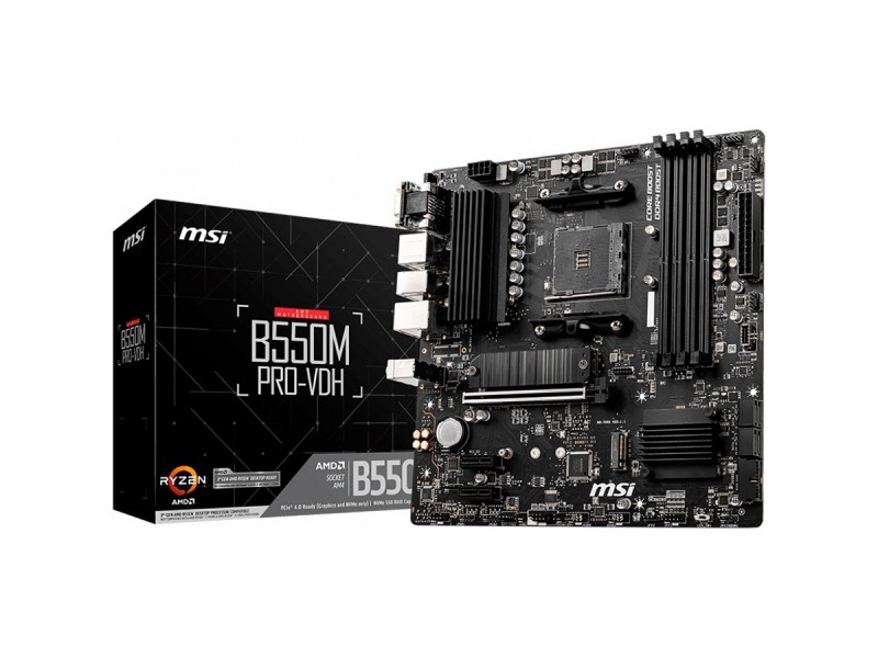 MSI B550M PRO-VDH,m-ATX,Socket AM4,AMD B550 Chipset,4 DIMMs,Dual Channel DDR4 up to 4400+(OC)MHz,1x PCIe 4.0/3.0 x16 slot,2x M.2 slots,4x USB 3.2 Gen 1,2x USB 2.0,1x HDMI,1x DP,1x VGA,1G LAN,7.1 Audio,3y warranty