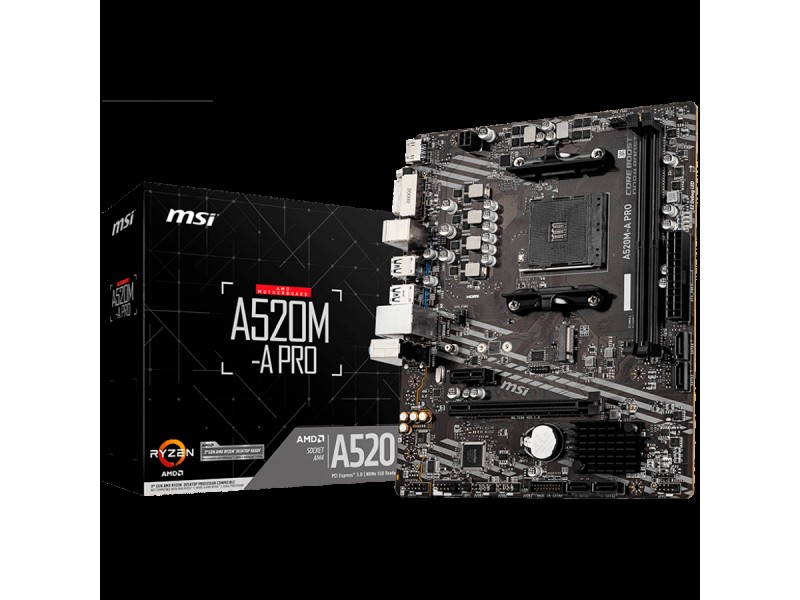 MSI Main Board Desktop A520M (AM4, 2xDDR4, 1xPCI-Ex16, 1xPCI-Ex1, M.2, 4xSATA3, 6xUSB3.2 Gen1, 6xUSB2.0, HD Audio, DVI-D, HDMI, GLAN) mATX Retail