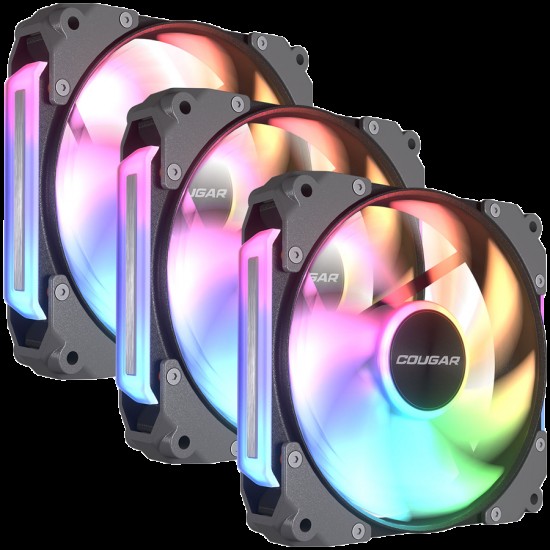 Cougar fan APOLAR 120 ARGB Black (3 fan package), Fan Speed 600-2200 RPM±200RPM, Air Flow 75.38 CFM ± 10%, Air Pressure 2.59 mm H2O±10%, HDB Hydro Dynamic Bearing, 490 mm (Fan) / 470 mm (ARGB)