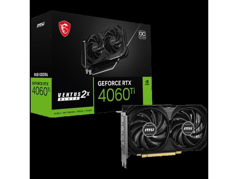 MSI Video Card Nvidia GeForce RTX 4060 Ti 8G VENTUS 2X BLACK E1 OC, 8GB GDDR6, 128bit, Boost: 2565 MHz, 4352 CUDA Cores, PCIe 4.0, 3x DP 1.4a, HDMI 2.1a, RAY TRACING, Dual Fan, 1x 8pin, 550W Recommended PSU, 3Y