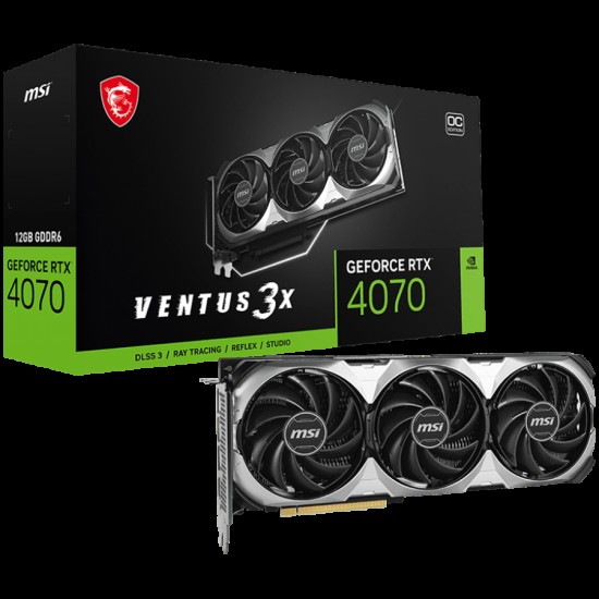 MSI Video Card Nvidia GeForce RTX 4070 VENTUS 3X E1 12G OC, 12GB GDDR6, 192bit, Boost: 2505 MHz, 5888 CUDA Cores, PCIe 4.0, 3x DP 1.4a, HDMI 2.1a, RAY TRACING, Triple Fan, 1x 8pin, 650W Recommended PSU, 3Y