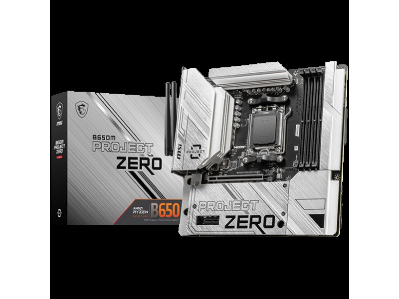 MSI B650M PROJECT ZERO, mATX, Socket AM5, Dual Channel DDR5 7600+(OC)MHz, 1x PCIe x16 slot, 2x M.2 slots, 1x HDMI, 1x DP, 2xUSB 2.0, 2xUSB 5Gbps Type A, 3xUSB 10Gbps Type A, 1xUSB 20Gbps Type C, 7.1 HD Audio, 2.5Gbps LAN